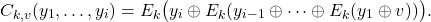 \[C_{k,v}(y_1,\dots,y_i)= E_k\bigl(y_i \oplus E_k(y_{i-1} \oplus \dots \oplus E_k(y_1 \oplus v))\bigr).\]
